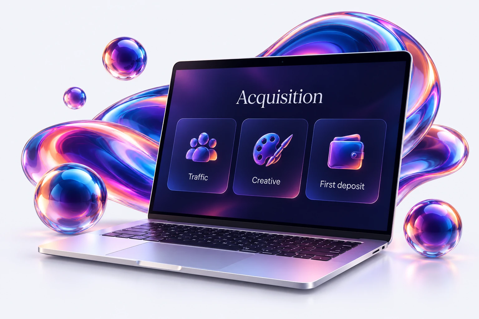 A silver laptop displaying an acquisition workflow, surrounded by iridescent spheres and flowing ribbons