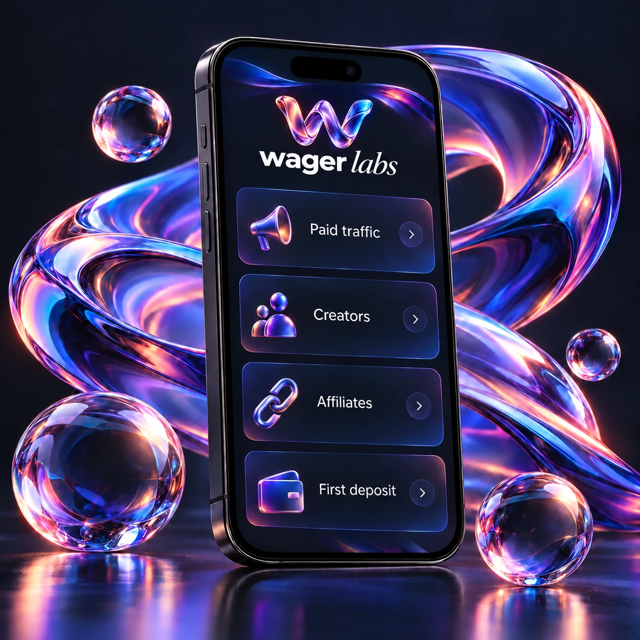 The Liquid Ribbon glass W and Wager Labs logo on a smartphone showing paid traffic, creators, affiliates and first deposits, surrounded by iridescent glass ribbons